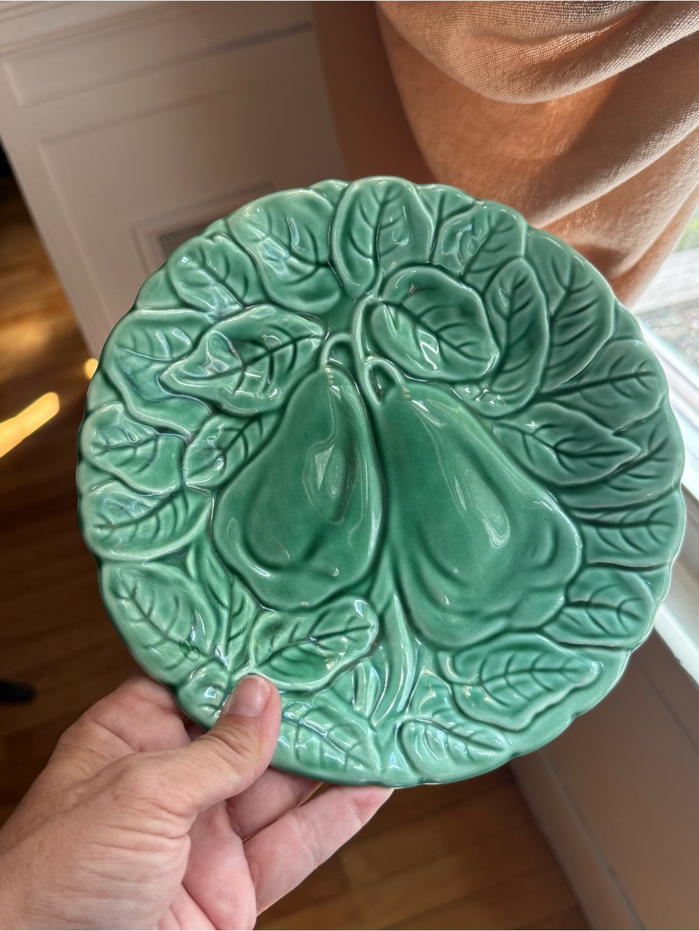 Bordallo Pinheiro Green Majolica Ceramic Pear Motif Salad Plate
